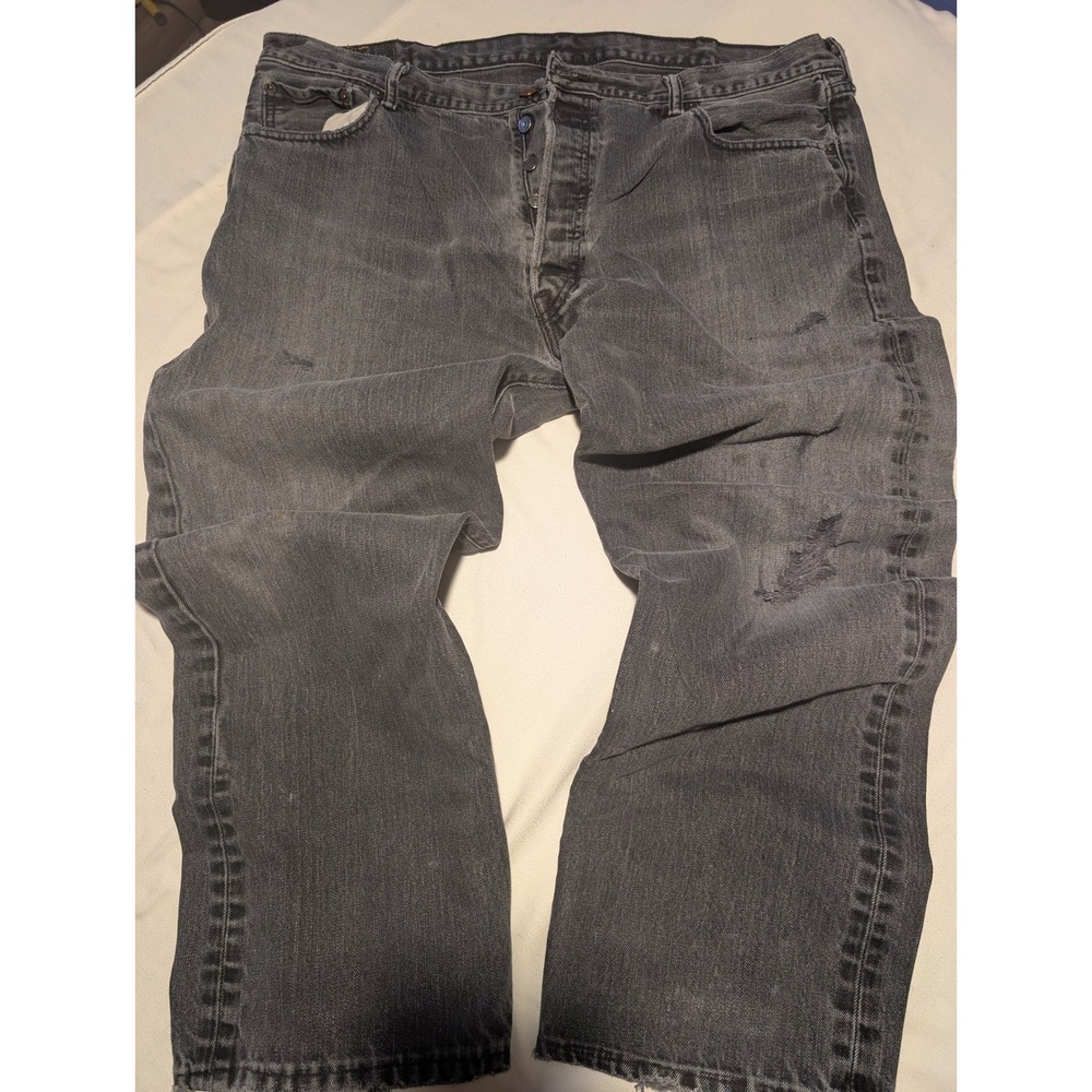Levis 501 Original Fit Mens Jeans 44x32 Faded Black Distressed Button Fly Denim
